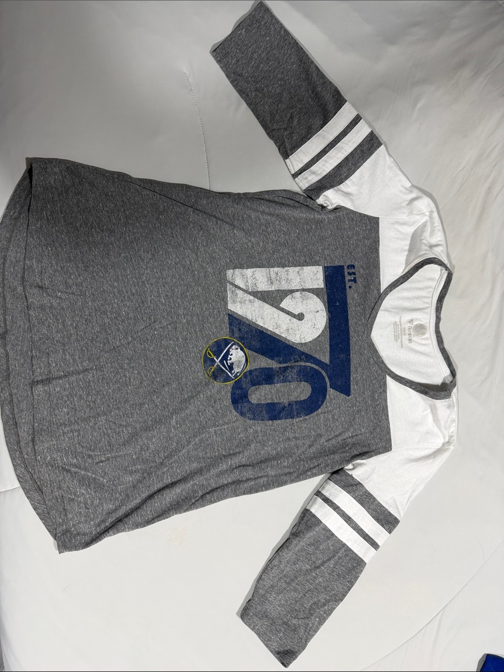 Women’s  Buffalo Sabres  Gray and White Baseball Sleeve tee